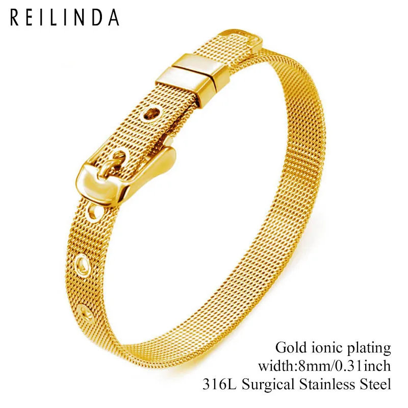 8mm/10mm/18mm Stainless Steel Mesh Wristband Bracelet DIY Slide Charms Bracelets For Women Men Gift - Окраска металла: 8mm Gold