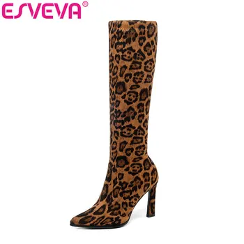 

ESVEVA 2020 Knee High Boots Winter Pointed Toe Warm Women Motorcycle Boots Lady Leopard Stretch Fabric Fashion Shoes Size 34-43