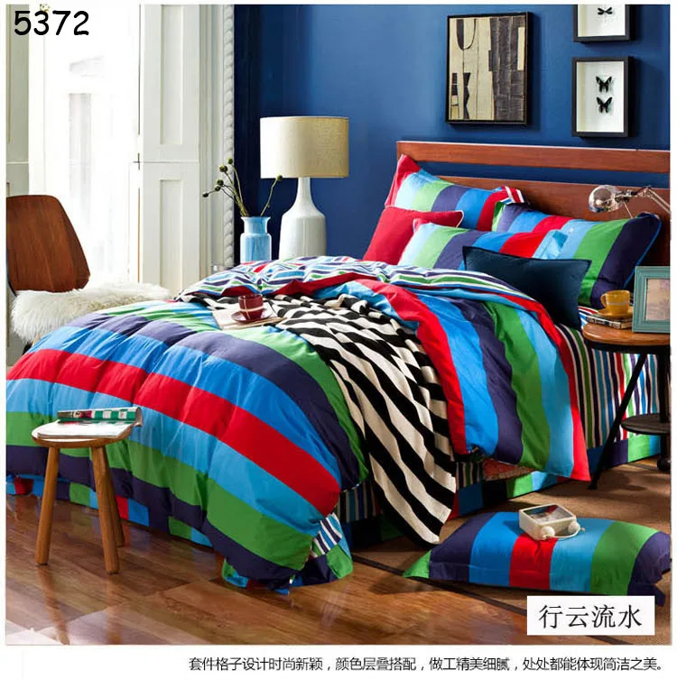 New Design Blue Red Green Strips Bedding Set 4pcs Bed 100