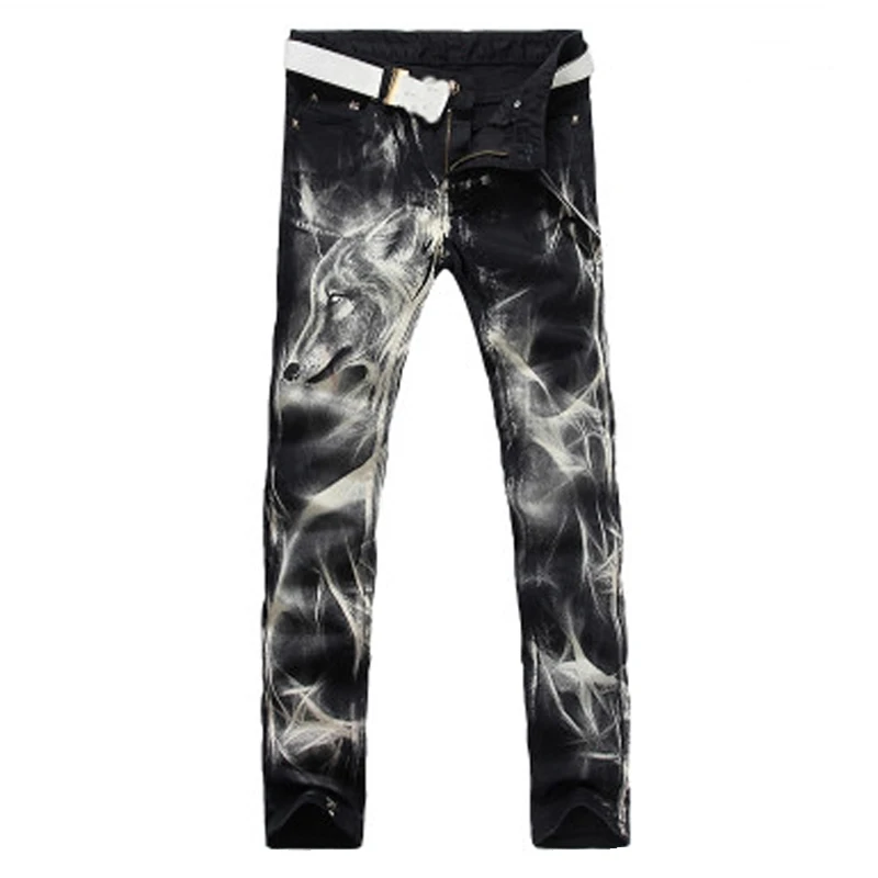Men's Fashion Wolf Printed Denim Jeans New Spring Summer Slim Black Painted Straight Pants Cool Streetwear Male Long Trousers