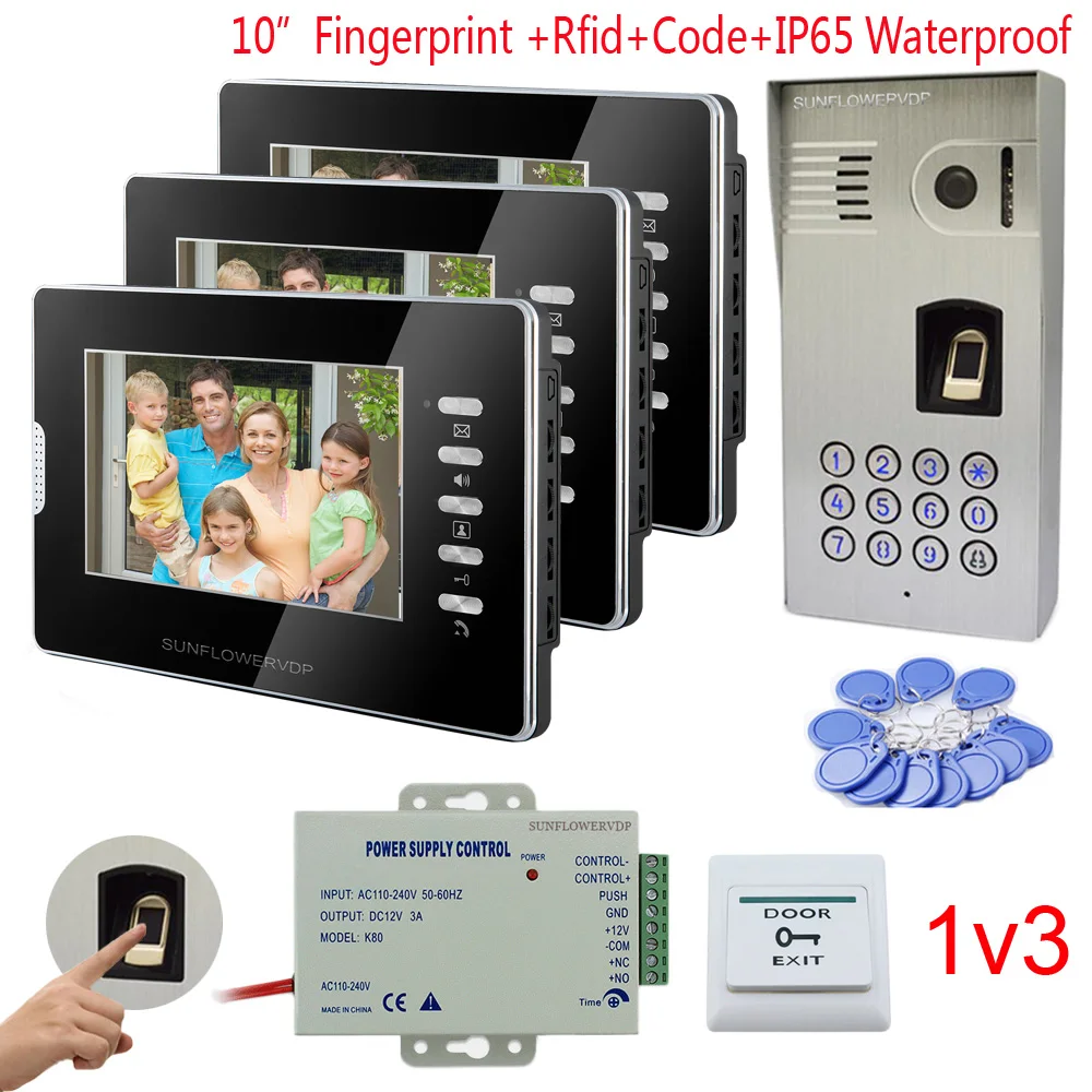 

IP65 Waterproof Door Bell Intercom Fingerprint Rfid Keypad Video Call For An Apartment 3 Units 7" Color Monitor Home Phone 1v3