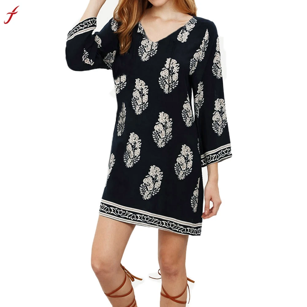 

FEITONG Women Sexy Boho Long Sleeves Deep V Dress Floral Print Dress New fashion Bohemian Loose Style *25