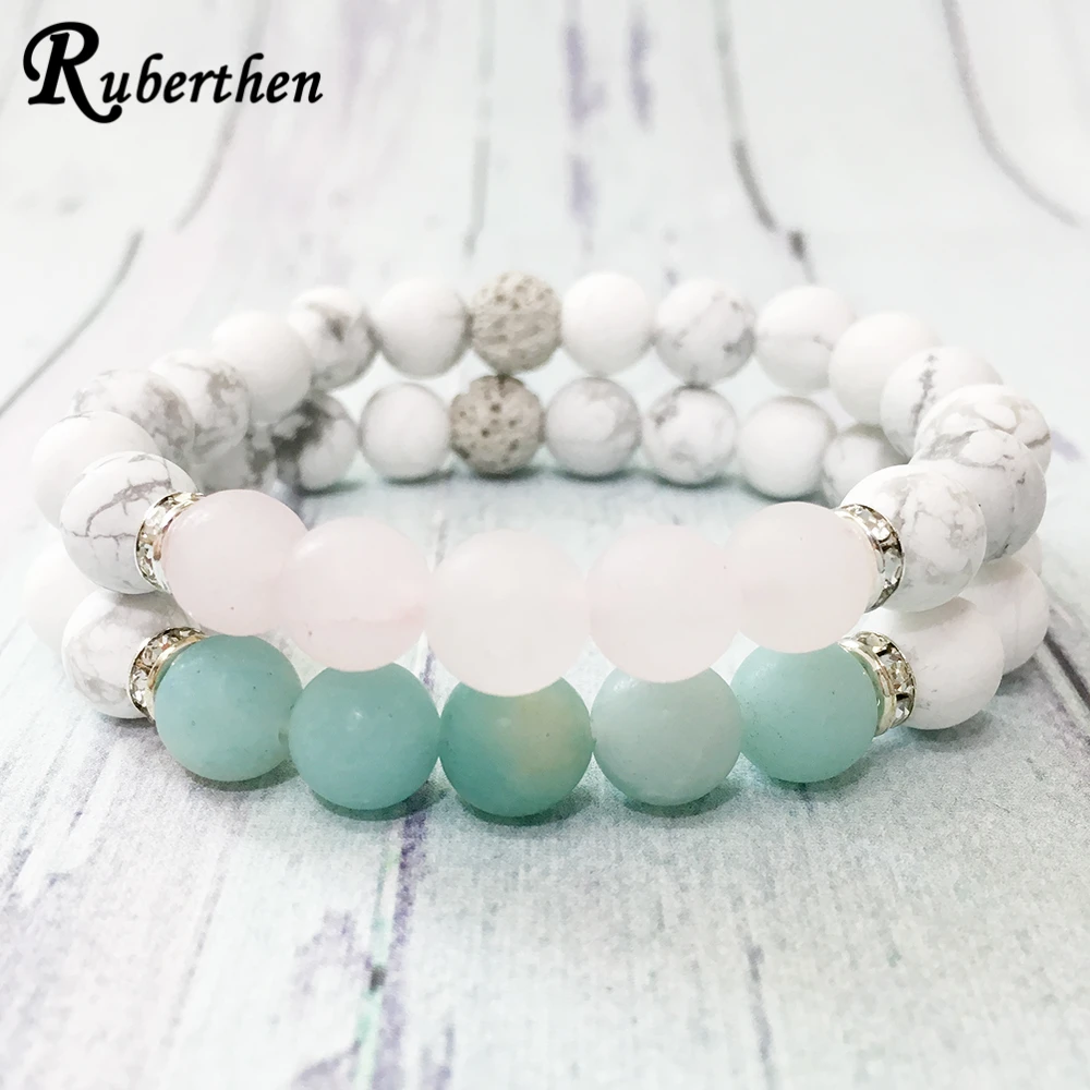 

Ruberthen Fashion Design Natural Stone Bracelet Set Matte White Howlite Rose Quart z Bracelet Trendy Women`s/Men`s Bracelet