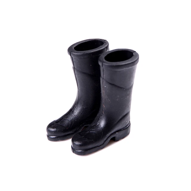 1pair Black Rubber Rain Boots Doll House Furniture Miniature Shoes