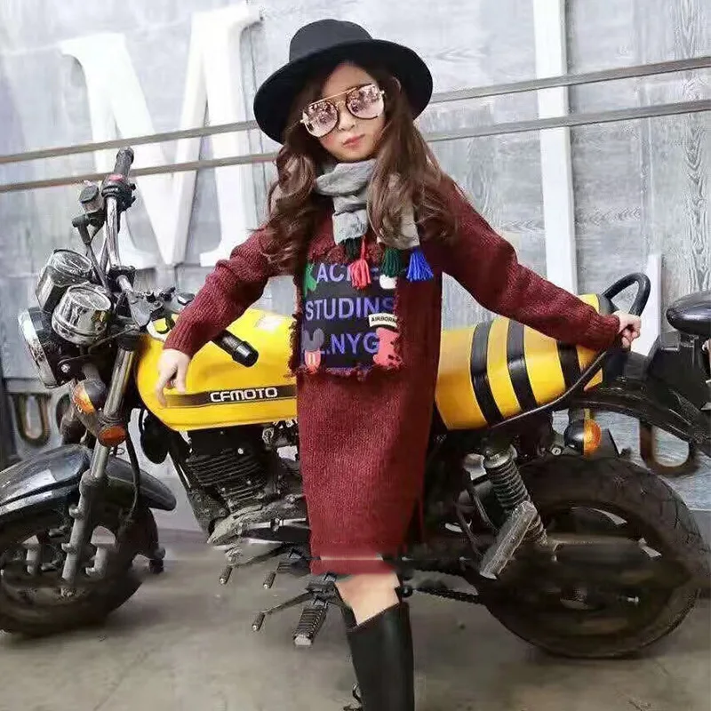 2016 children qiu dong outfit new girl sweater knit girl long tassels design in the sweater