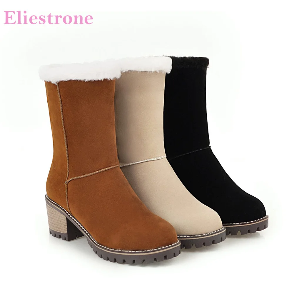 Hot Brand New Winter Thick Fur Brown Beige Mid Calf Women Boots Sexy