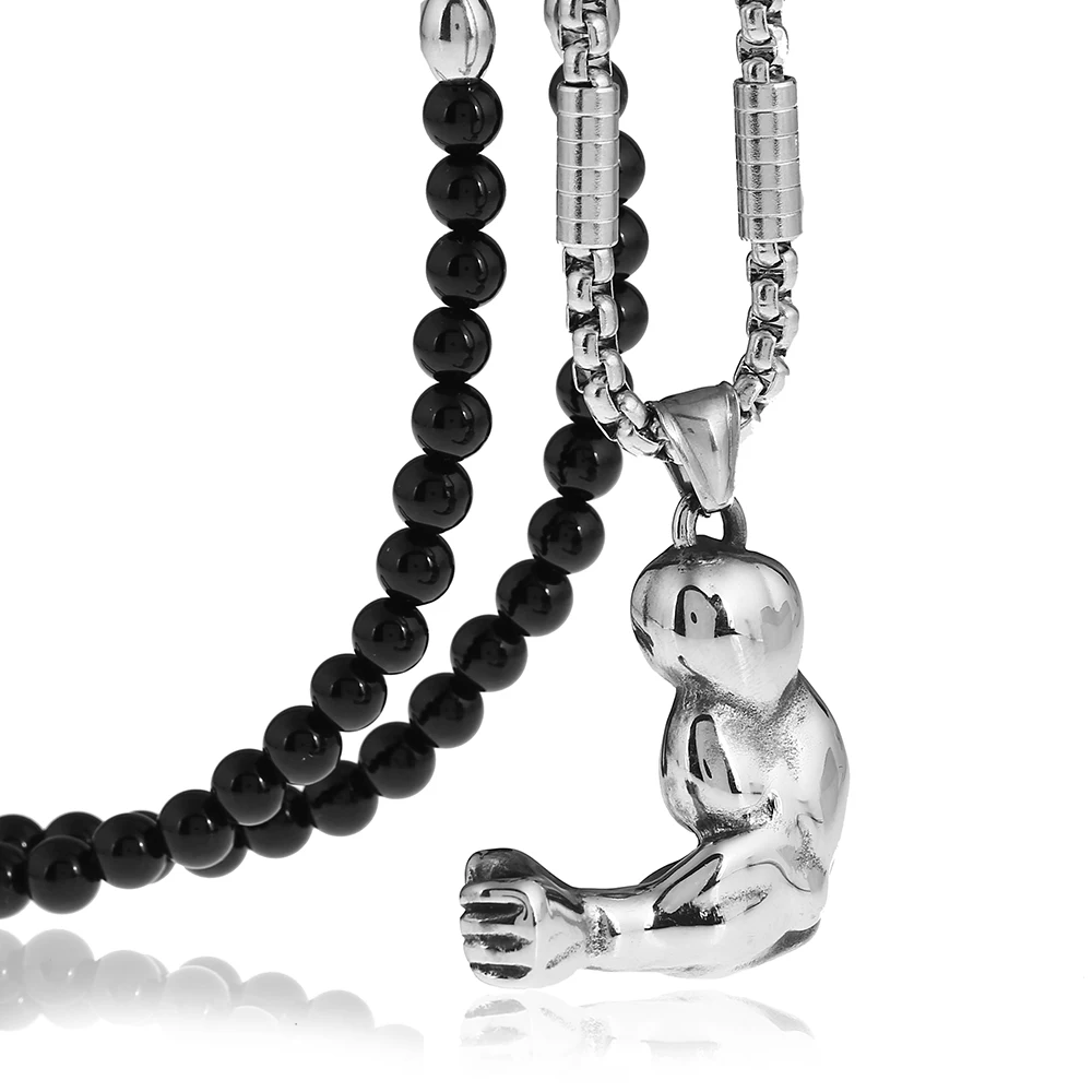 

Stainless Steel Gym Fitness Arm Muscle Bodybuilding Sport Pendant Necklace with Black Natural Stone Beaded Necklace 27inches