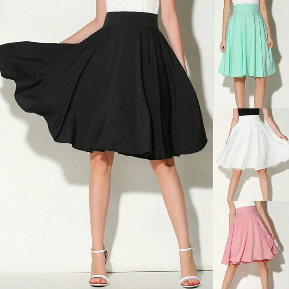 

2019 New Summer Wild Pleated Skirt Women Solid Color Flared Retro Casual Knee Length Pleated Midi Office Work Skirt jupe femme#C