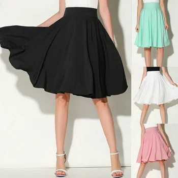 

2019 New Summer Wild Pleated Skirt Women Solid Color Flared Retro Casual Knee Length Pleated Midi Office Work Skirt jupe femme#C