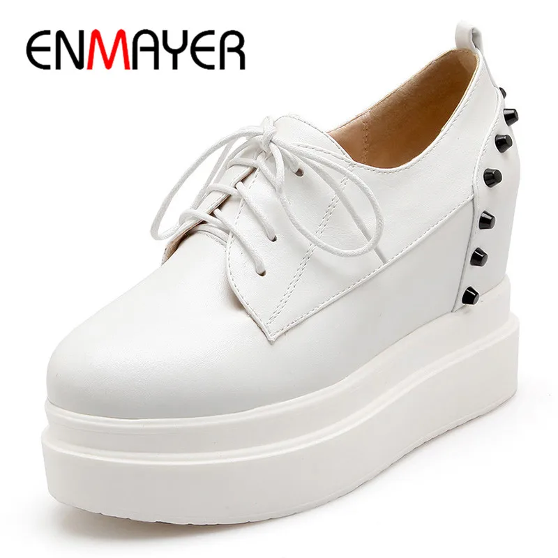 

ENMAYER Woman Increasing Flat Platform Wdeges Spring/Autumn Shoes Ladies Fashion Solid Lace-Up Rivet Shallow Plus Size 34-42