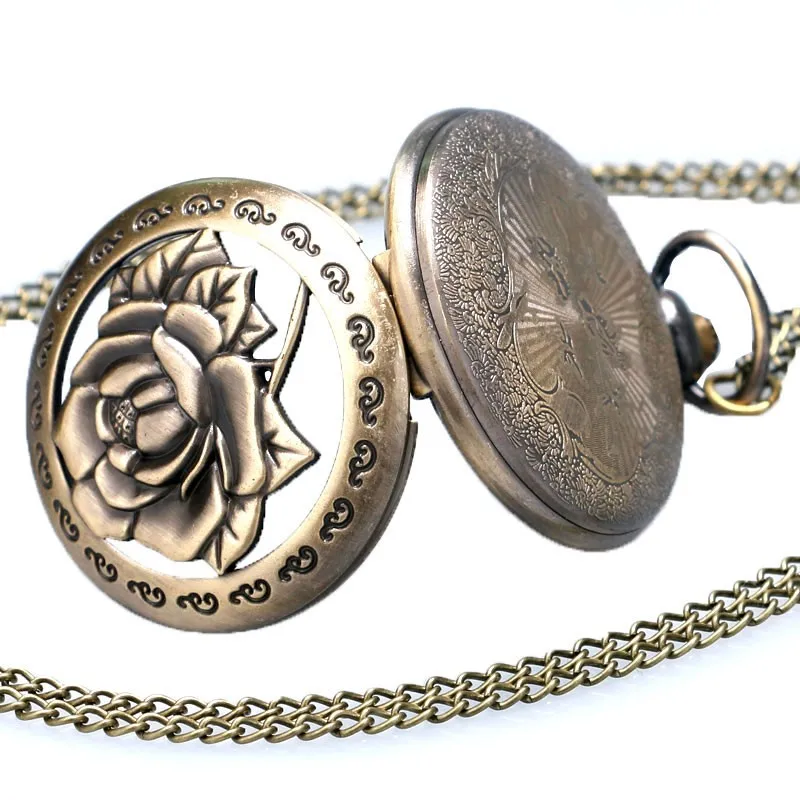 Дамское 3D ожерелье из розового золота Женские подарок девушки полые Яркие Резьба Цветок медсестры кварцевые старинные карманные часы