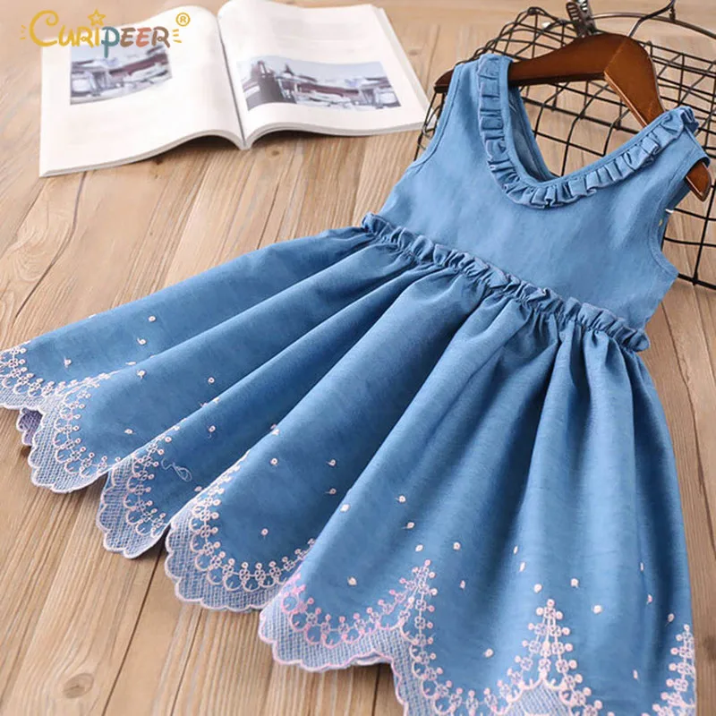 

Girls Dresses Kids Princess Dress Elegant Ruffle V-neck Denim Dress Kids Clothes Embroidery Toddler Children Girls Suit Summer