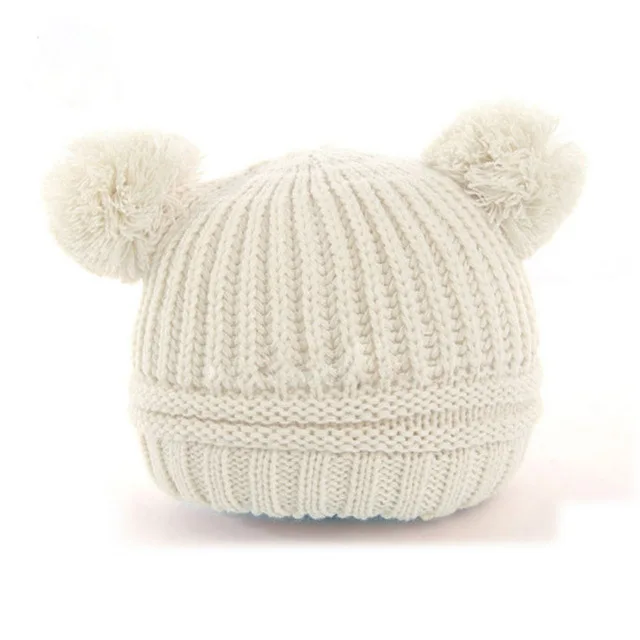 Dual Pom Poms Ball Knitted Baby Caps Boys Girls Toddler Crochet Beanie Hairball Ear Baby Hat Cute Child Caps Winter Hat DS19 - Цвет: white