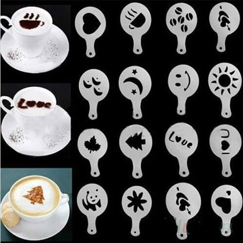 

16Pcs/Set Coffee Drawing Molds Printing Model Sprinkle Powder Mats Utensils Tools Coffee Accessories