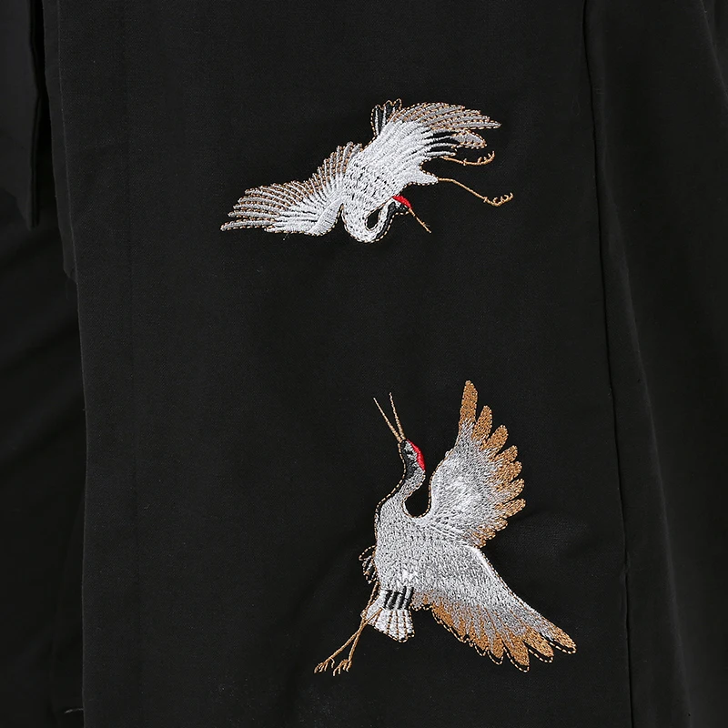 Broderie Chinois Longue Tang Lin Grue Vestes Dynastie Veste Unique Style Blanc Hommes Poitrine Et Noir Manteau Coton stQdhr