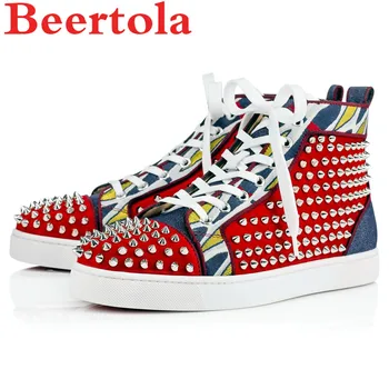 

Red Flock Full Spikes Men's Casual Shoes Denim Patchwork High Top Spring Autumn Flats Shoes Men Stripe Flange Zapatos De Hombre
