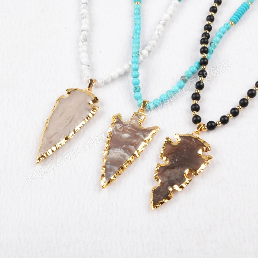 

BOROSA 5Pcs/lot Gold Color Natural Arrowhead Gems Necklace With 5&6mm Mixed Stones Beads Necklace G0794
