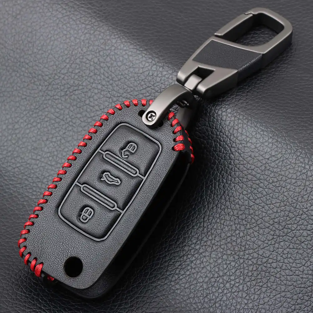 Ключ автомобиль для VW Golf Jetta Passat поло для Skoda роскошный Октавия Рапид для SEAT Leon Ibiza 3 кнопки кожаный чехол ключ - Название цвета: Red Line