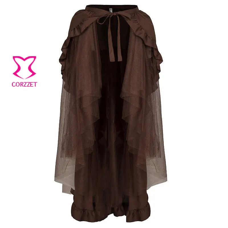 

Vinatge Victorian Brown Long Tulle&Ruffled Satin Lace Up Pleated Punk Skirt Sexy Steampunk Skirt Corset Gothic Wrap Skirts Women