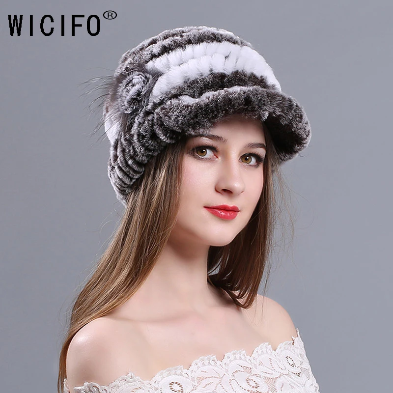 New Women Striped&ampFloral Real Natural Rex Rabbit Fur Hats 100% Genuine Cap Lady Winter Warm Caps | Аксессуары для одежды
