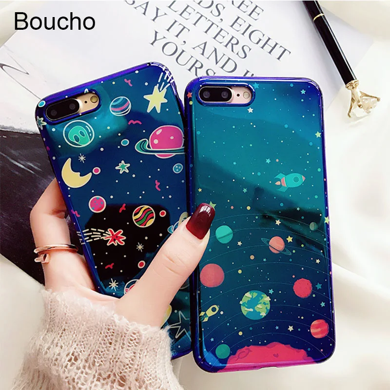 

Boucho Funny Universe Series Phone Case For iphone X 6 6S 7 8 Plus XS MAX XR Fashion Blu-Ray Glossy Cover Planet Moon Star Cases