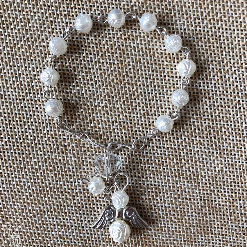 

10pcs Pearl silver Angel First communion favors Recuerditos Bautizo Mini Rosary Baptism Favors