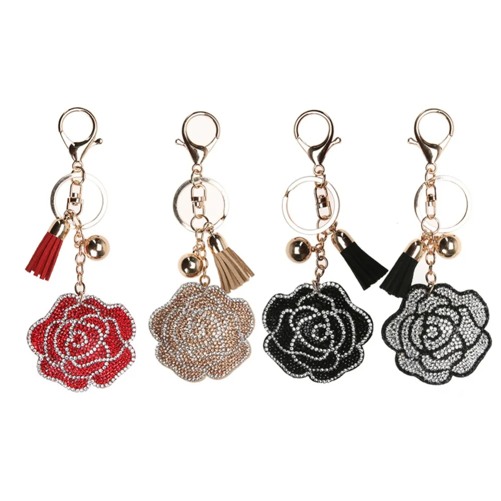 

Flower Keychain Key Ring Keyholder Leather Tassel Crystal Rhinestone keychain Car Bag Accessory Ornament Crystal Key Chain TZ45