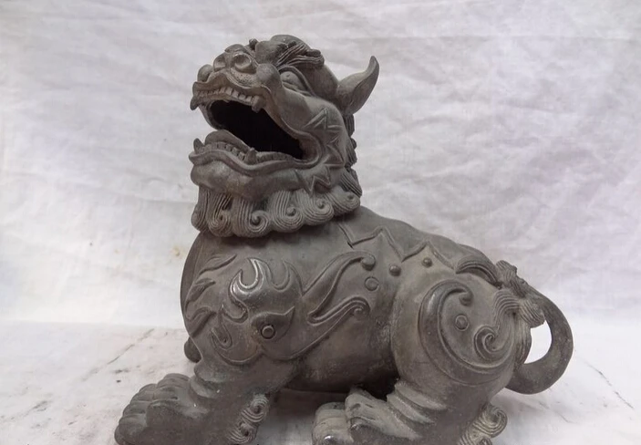 

S5128 China Pure Bronze Dragon Foo Fu Dog Lion Head Statue Tibet Incense Burner Censer D0317