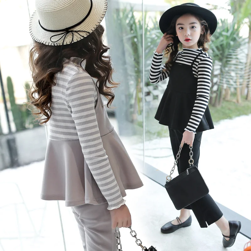 

2018 Children Girls Clothing Sets Teenage Girls Suit School Costume For Girls Clothes Two Pieces Striped T-shirts +Pants 13 14 T