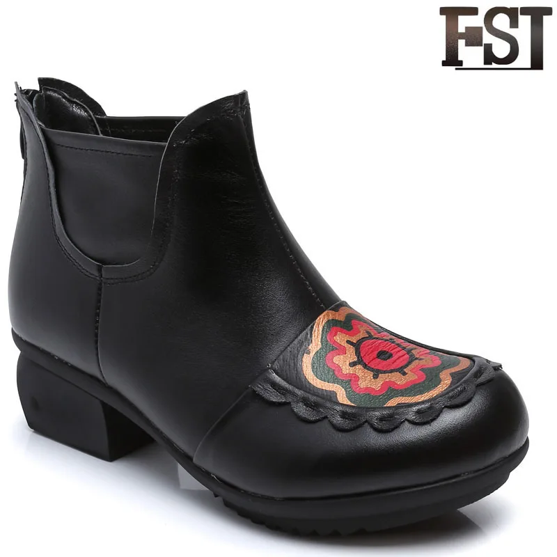 

FSJ Genuine Leather Ladies Shoes Woman Ankle Boots Round Toe Winter Sewing Mature Ethnic 2019 Red Black Flower Chunky Heel Retro