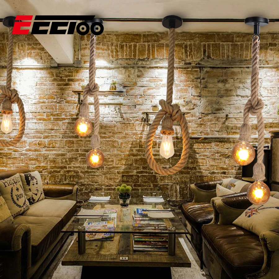 

EeeToo Modern Industrial Pendant Light for Bedroom Vintage Lamp Rope E27 Hanging Light Fixture Ceiling Loft Edison Bulb Style
