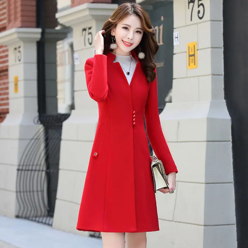 Длинное пальто с секциями, Женское шерстяное пальто, Дамское зимнее теплое плюшевое пальто из искусственного меха, повседневная верхняя одежда, винтажная черная карамельная серая#1 - Цвет: Red