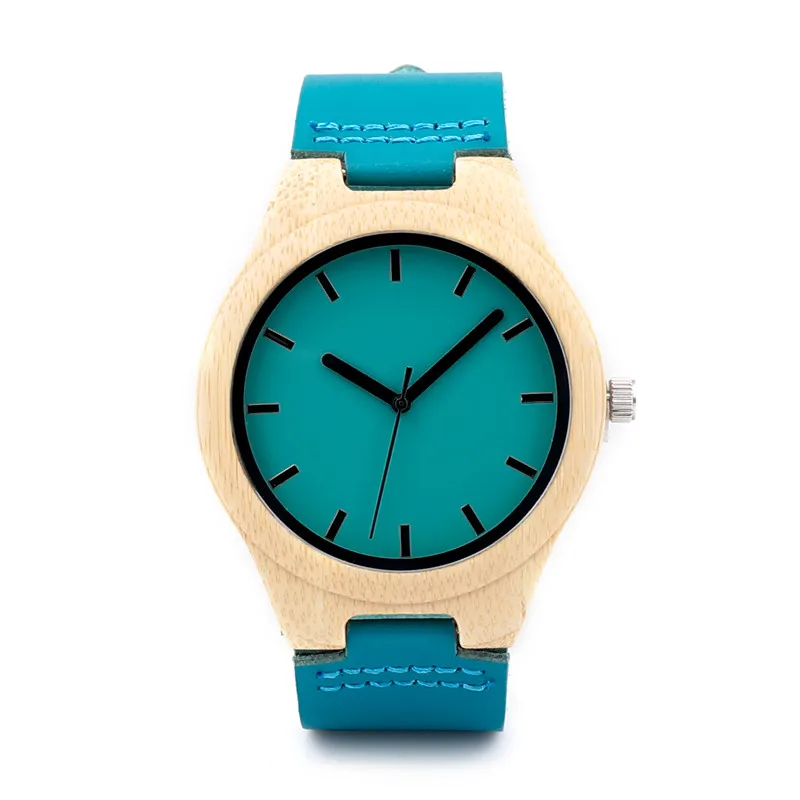 BOBO BIRD Handmade Men Bamboo Watch With Blue Genuine Cowhide Leather Strap Casual Watches as Gifts Wristwatches C-F20