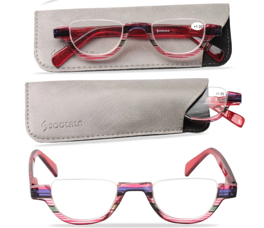 SOOLALA с плоским верхом полу-очки для чтения без оправы Для женщин Для мужчин новые дешевые пресбиопии очки для чтения с кожаный чехол+ 1,0 до 4,0