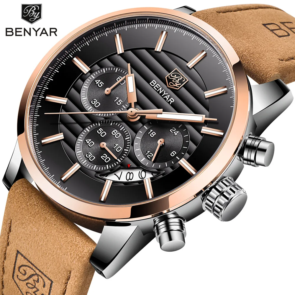 

BENYAR Fashion Mens Watches Chronograph Sport Quartz Watch Men Rose Alloy Retro Leather Business Male Clock Relogio Masculino