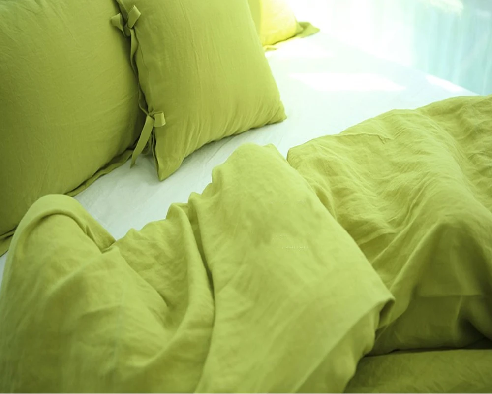 4pcs Green French Washed Linen Bedding Set Queen Size Flax Linen