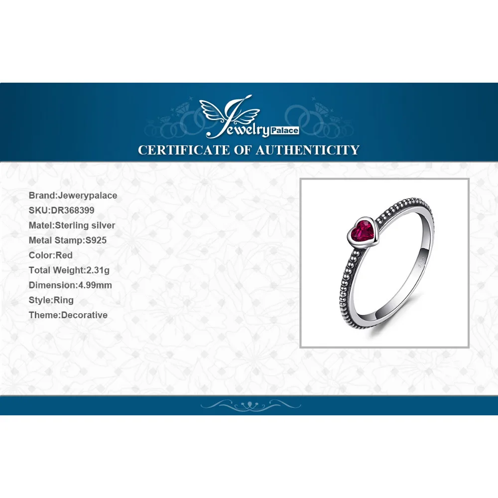 Jewelrypalace Love Heart Birthstone Created Rubies Stackable Ring 925 Sterling Silver Ring Women Fashion Engagement Ring