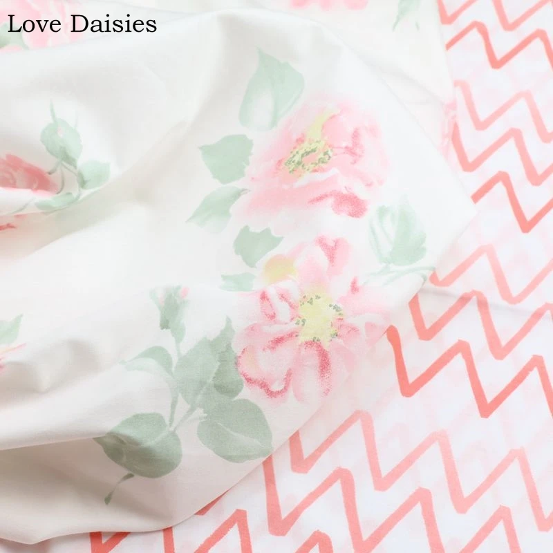 

00% Cotton Width235cm PINK Pastoral Flower Chevron Twill Fabric for DIY Bedding Apparel Dress Blouse Patchwork Handwork Sheet