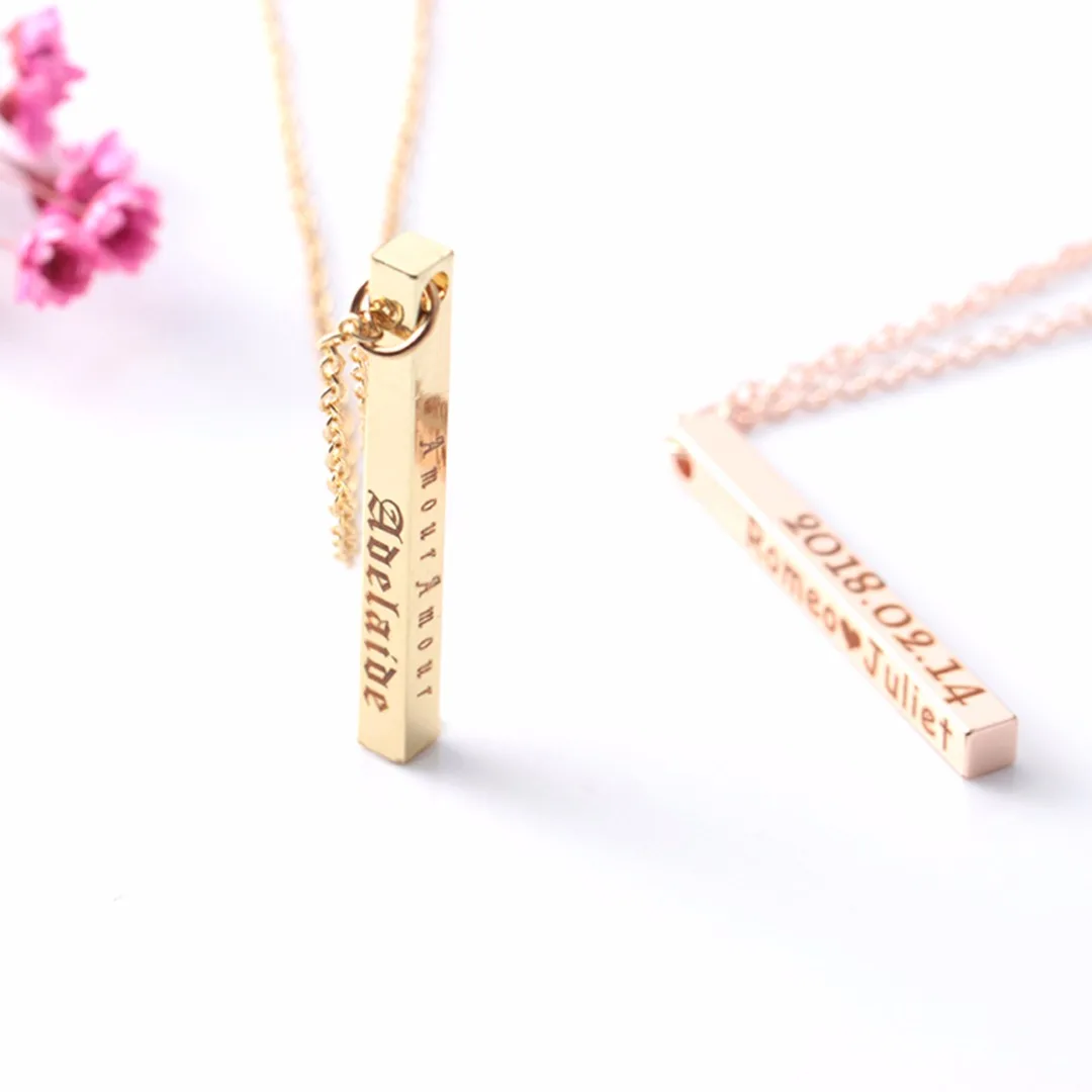 Women Engraved Name Bar Pendant Stainless Steel Necklace Vintage Charm Men Silver Link Chain Necklace Wedding Jewelry Gift