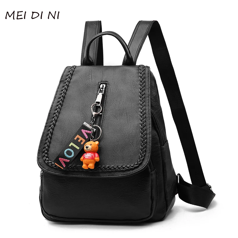 

MEI DI NI Soft PU Leather Women Backpacks bear pandant Backpacks for Teenager Girls Travel Student Soft Shoulder Bags Mochila