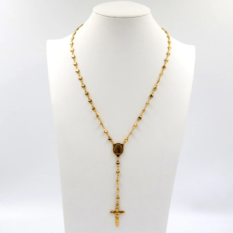 Virgin Mary Gold rosary necklace for Women Men stainless steel bead