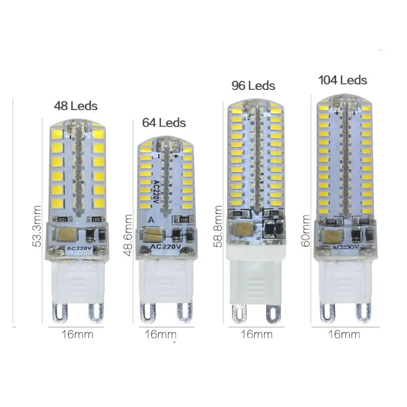 10 шт./лот G9 Светодиодная лампа 7 Вт 9 Вт 12 Вт 15 Вт 48 64 96 104 152 светодиоды 3014smd Мощность 360 градусов угол луча spotlight