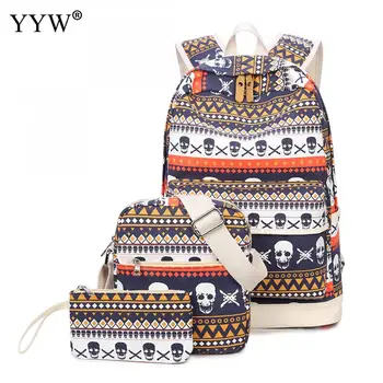 

3PCS/Set Bag Set Skull Pattern Female Backpack and Crossbody Clutch Bags Backpacks for Adolescent Girls Women Casual School Bag