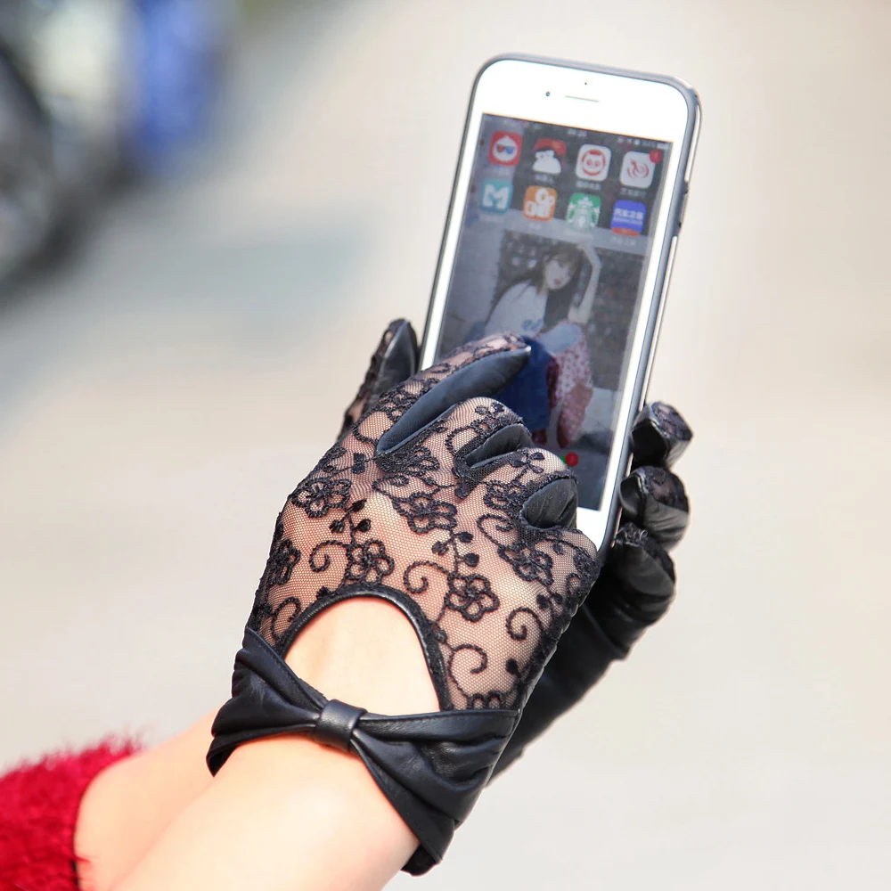 Women's Genuine Leather Gloves Bowknot Lace Autumn Winter Sunscreen Sheepskin Gloves Female Short Style Touchscreen L177N Women's Genuine Leather Gloves Bowknot Lace Autumn Winter Sunscreen Sheepskin Gloves Female Short Style Touchscreen L177N