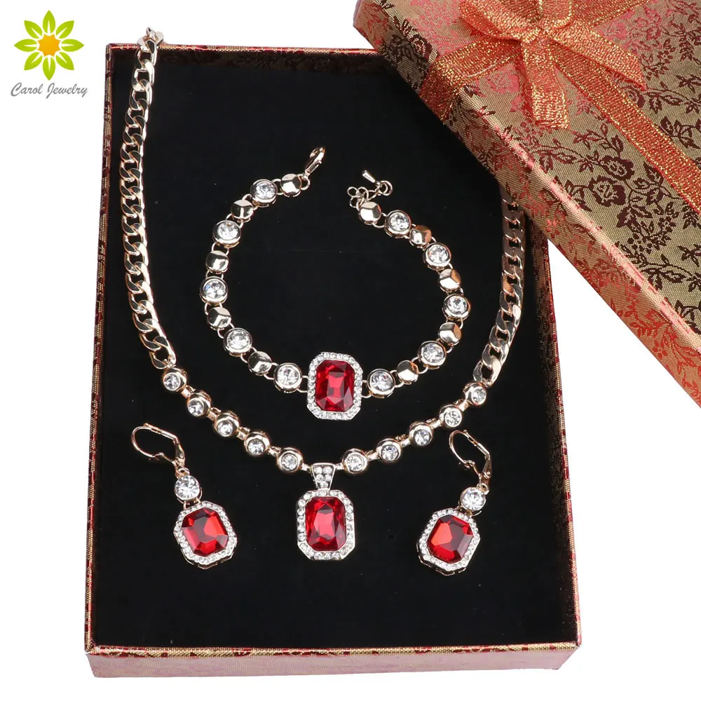 Red Jewelry Sets Square Cubic Zircon Gold Color Jewelry Sets Earrings