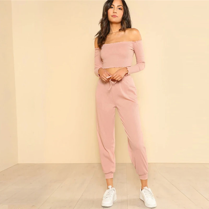 Dotfashion Heathered Crop Top and Wide Leg Pants набор румян для женщин летний короткий рукав розовый топ карманы Круглый вырез комплект из двух предметов