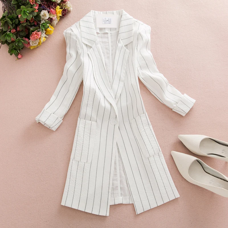 

Taotrees One Button Slim Women Long Blazer Jacket White Black Striped Office Work Open Front Notched Ladies Coat