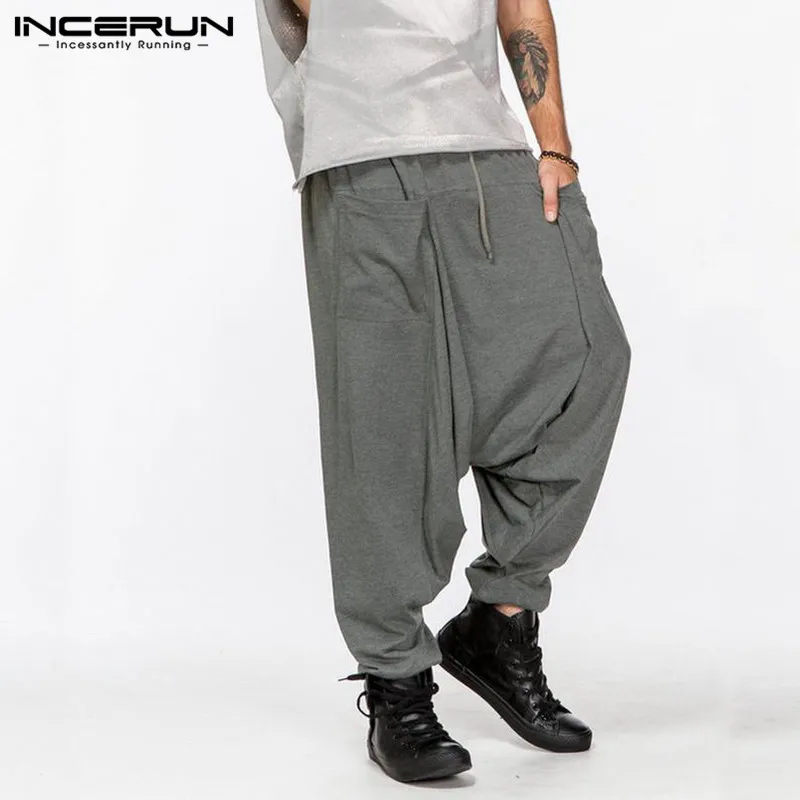INCERUN стильные мужские шаровары с карманами для бега, одноцветные свободные хип-хоп штаны с заниженным шаговым швом, мужские спортивные штаны Hombre