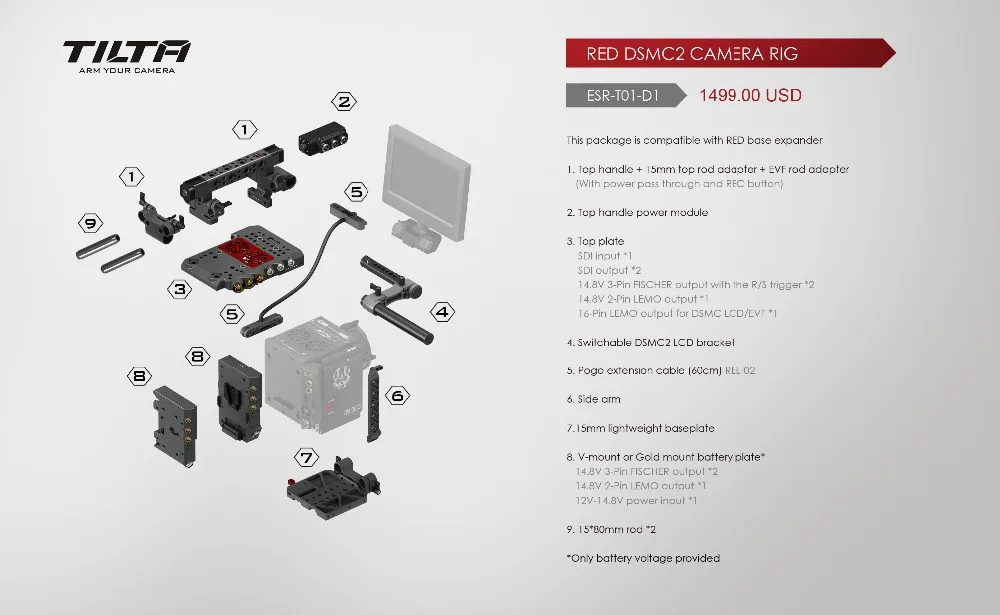 TILTA ESR-T01-D1 Rig для красного DSMC 2 камера установка красный Ворон оружие SCARLET-W 15 мм опорная пластина клетка блок питания SDI вход/выход