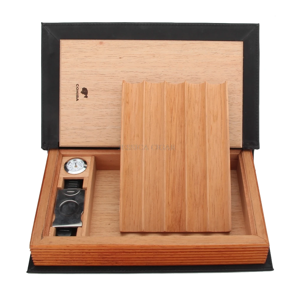 COHIBA элегантный дизайн книги кедровый деревянный ящик для сигар, портативный кожаный чехол для путешествий с обрезчиком, гигрометр